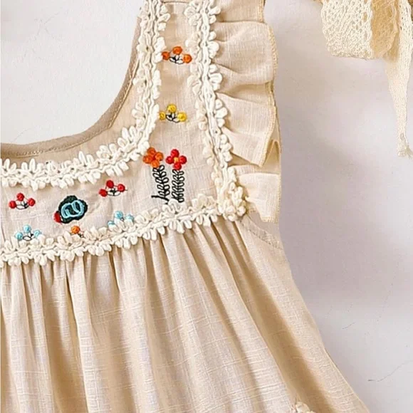 Soly Hux Toddler Girl's Floral Embroidered Cream Dress, Scoop Neck, Cap Sleeve. - Picture 4 of 6